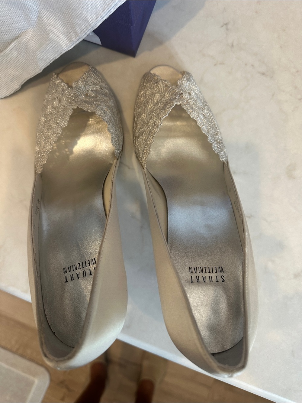 Stuart Weitzman Ivory Lace Peep-Toe Heels